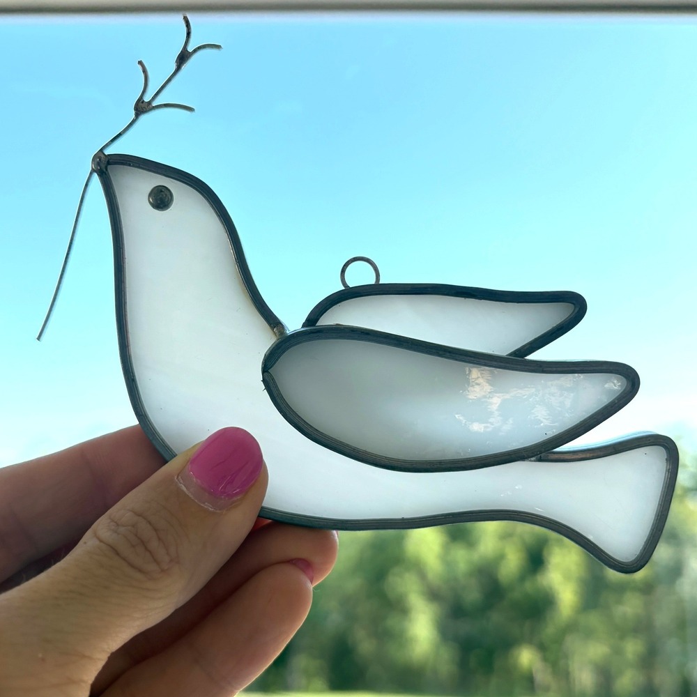 Vintage Stained Glass White Dove of Peace Suncatcher with Olive Branch 5 inch